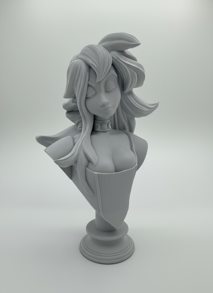 Gray bust sculpture of an animated character on a white background