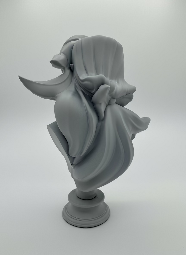 Gray sculpture of a draped figure on a white background