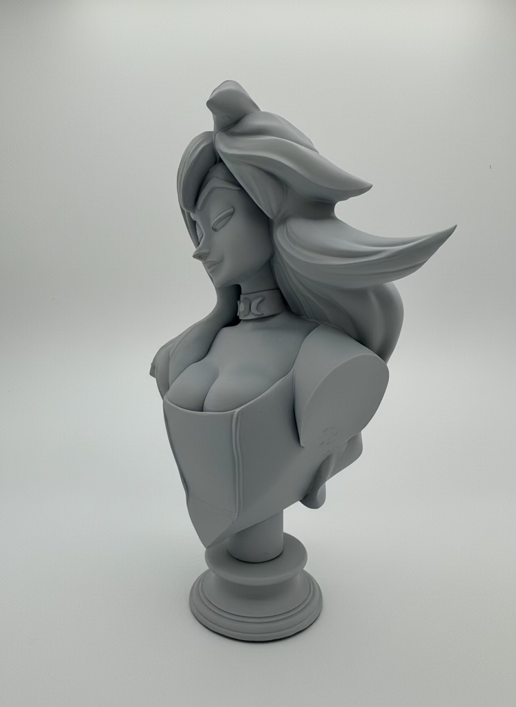 Gray statue of a female character on a white background