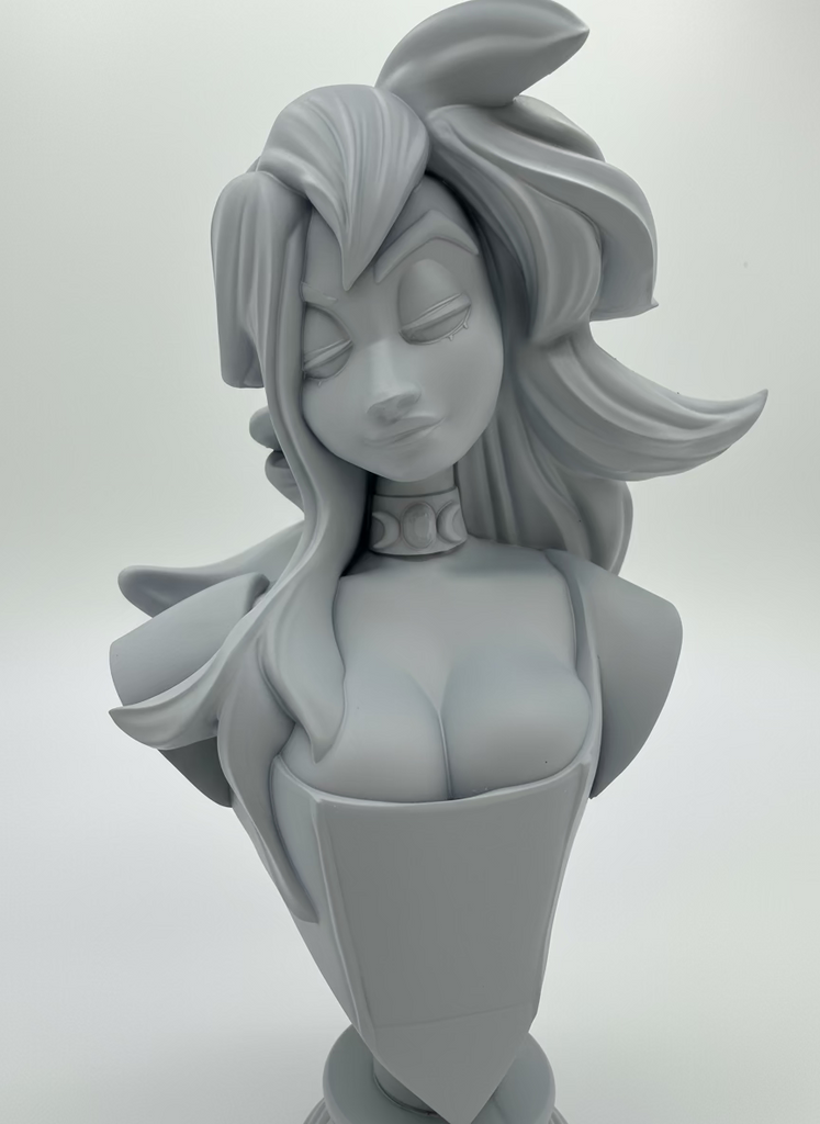 Gray sculpture of a character with flowing hair on a white background