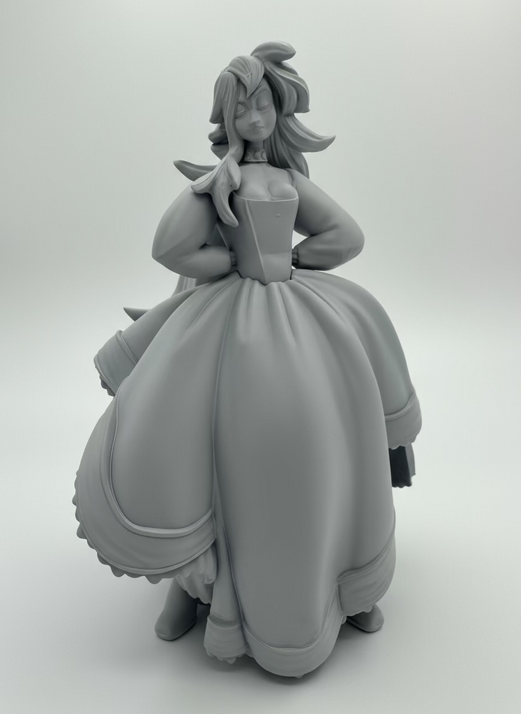 Gray clay figurine of a character in a dress on a white background