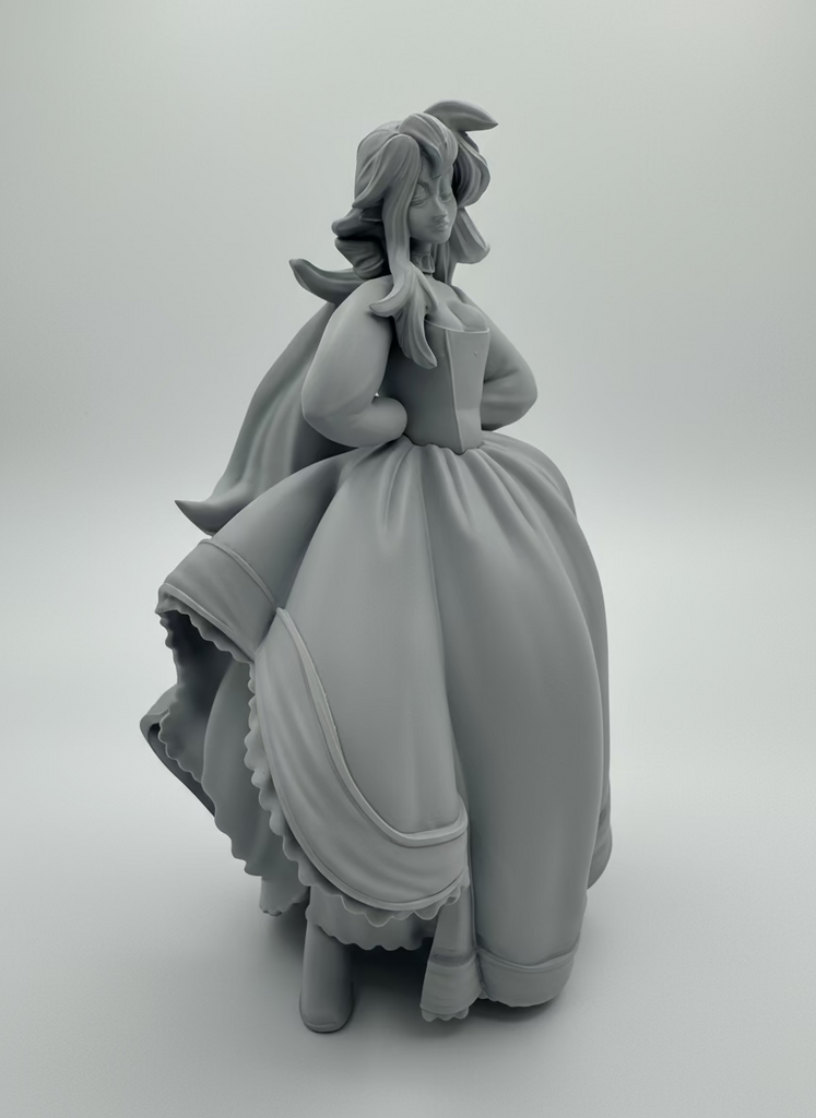 Gray clay sculpture of a character with a long dress on a white background